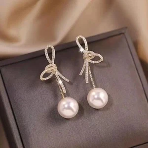 Wicked Silk Elegant Classy Jeweled Bow and Pearl Dangling Earrings - Picture 1 of 5