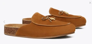 Tory Burch Tory Charm Mules Flat Toasted Caramel Real Suede Natural Cork Sz 10.5 - Picture 1 of 5