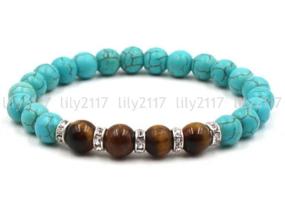 Handmade 6/8/10/12/14mm Turquoise & Tigers Eye Round Gems Beads Bracelet 7.5'' - Image 1 of 3