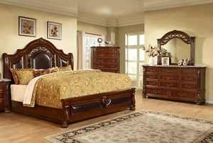 3PC Eastern King Traditional Bedroom Set, Bed, Dresser and Mirror, Cherry Finish - Picture 1 of 9