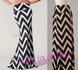 New USA HIGH WAISTED CHEVRON ZIG ZAG BLACK TAUPE MERMAID LONG MAXI SKIRT S M - Picture 1 of 1