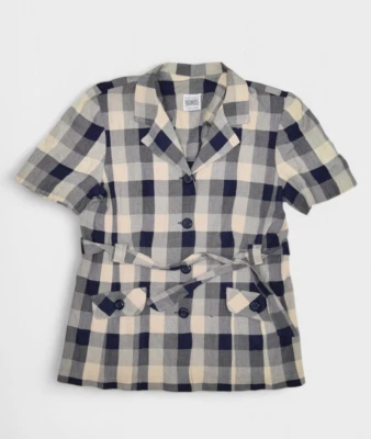 Blusa xadrez vintage R&M Richards feminina 10 S manga curta com cinto Kwong - Imagem 1 de 4