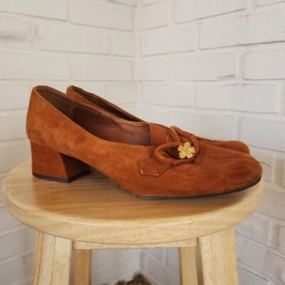 Vtg 60s 70s Heels Etienne Aigner Mary Jane Brown Suede Leather  Sz 7 B Designer - Image 1 of 4
