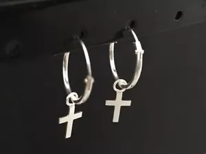 925 Sterling Silver Cross Sleepers Hoops Earrings 12mm Hanging Small Charm - Picture 1 of 2