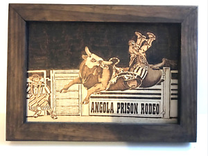 Angola Prison Rodeo Wood Burning Art Pyrography 14" x 10" Framed Signed MINT