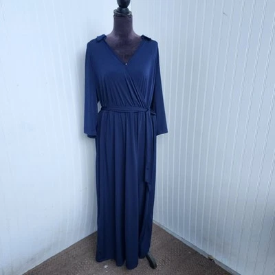 NUEVO CON ETIQUETAS $70 Colección Mujer’s Vestido Azul Marino Imitación Envoltura Manga 3/4 Jersey Auto Corbata 3X Foto 1 de 4