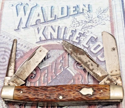 Antique WALDEN KNIFE CO USA Four-Blade Premium Stock Knife Bone Handles - Image 1 of 4