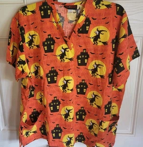 Med Scrub Top XL  Halloween Trick or Treat  Witches Spooky Houses Unisex Orange  - Picture 1 of 11