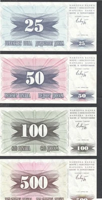 Bosnia 4 note s, 25, 50, 100, and 500 Dinara, Uncirculated 1992 - Image 1 of 2