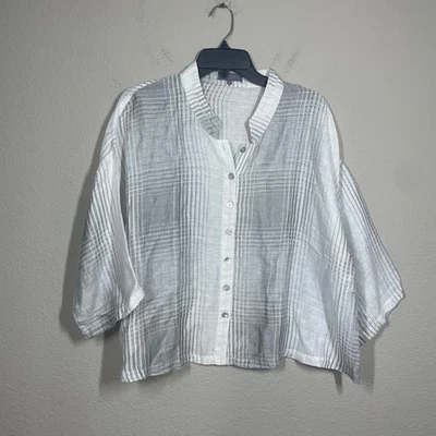 Blusa Camisa Sahara M/L Cuadros Rayas Abotonada Blanca Gris Lino Mezcla de Nailon  Foto 1 de 4