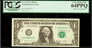 1985 $1 Dollar Federal Reserve Note Chicago Radar Serial # 97999979 PCGS 64 PPQ - Picture 1 of 2