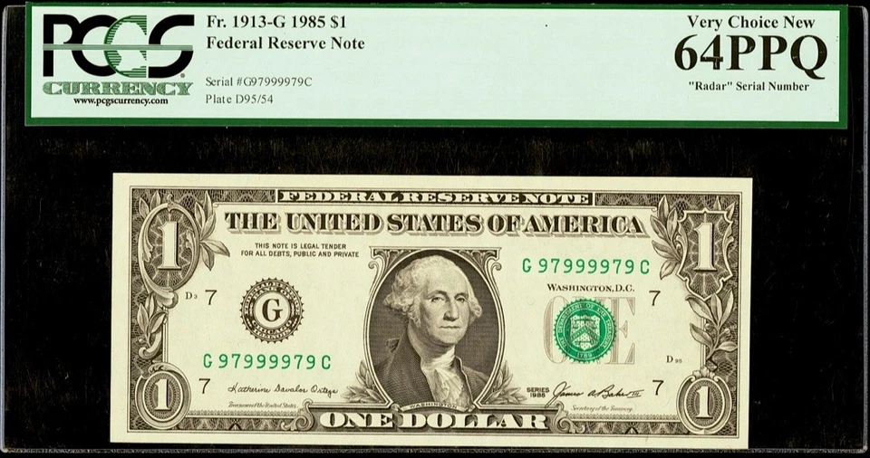 1985 $1 DOLLAR FANCY RADAR SERIAL NUMBER 97999979 PCGS 64 PPQ UNCIRCULATED - Image 1 of 2