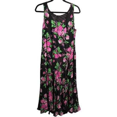 Jones NY Black Pink Flowers Silk Dress Chiffon Whimsigoth Retro 16 Dark Romantic - Image 1 of 4