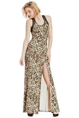 ABS Allen Schwartz ~Tan Leopard Mesh Cross Back Leg Slit Evening Gown M NEW $470 - Image 1 of 4
