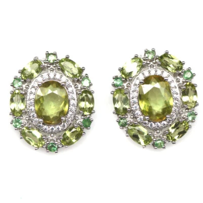 Pendientes llamativos de plata de ley 925 de esfena verde, peridoto, tsavorita y circón Foto 1 de 4