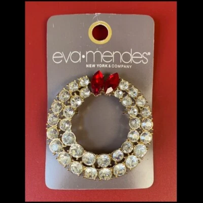 Eva Mendes Glamorous Double Row Brooch Large Rhinestone Red Accent Statement Pin - Image 1 of 4
