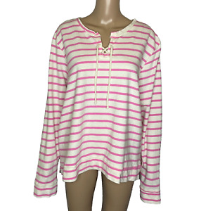 Women's XXL Fresh Produce Pink Stripe Cotton Blend Lace Up Long Sleeve Shirt