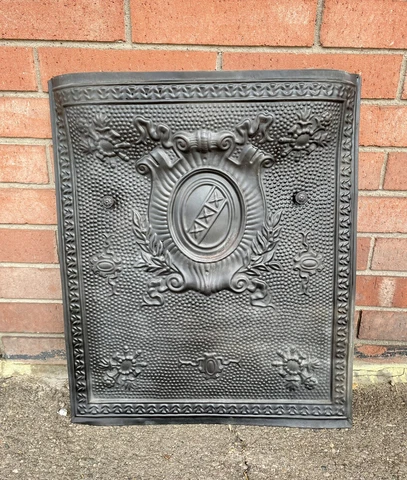 ANTIQUE Victorian Tin FIREPLACE COVER VENT DOOR Coat Of Arms XXX 24.75 X 20.75” Cover