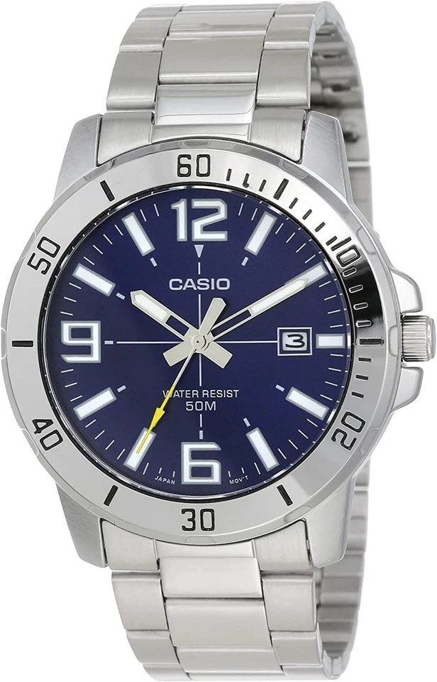Casio Mtp-vd01d-2b Men's Stainless Steel Watch Blue Date Dial 50m WR Model