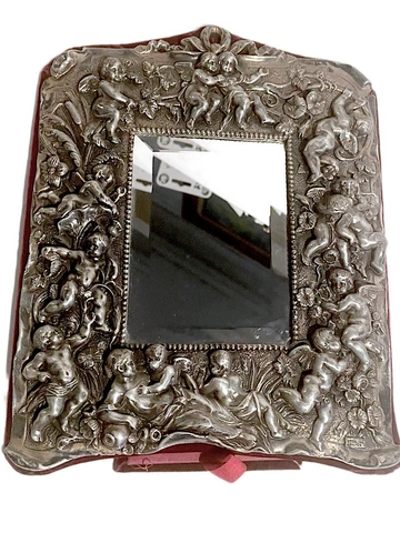 VICTORIAN REPOUSSE STERLING SILVER ORNATE CHRUB & MAIDEN MIRROR w/VELVET STAND Cover