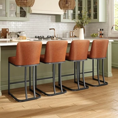 24" Bar Stool Counter Height Bar Chair Set of 4 PU Leather Dining Chair Brown - Image 1 of 4