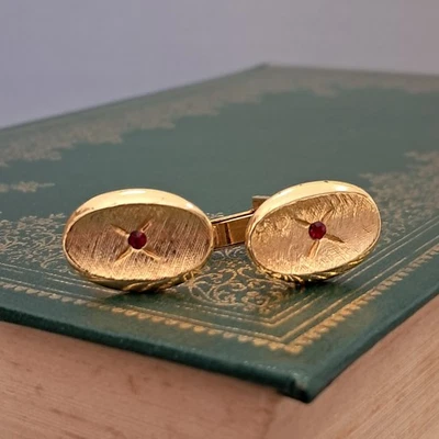 Vintage cufflinks stainless steel gold plated brushed finish red crystal LL-261 - Image 1 of 3