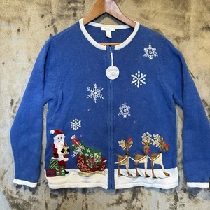 Vintage Tacky Christmas Zip-Up Cardigan - Dress Barn - Large L - Blue - Picture 1 of 16