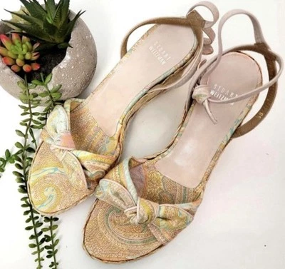 Stuart Weitzman Vagabondo Sandals Wedge Espadrilles Beige Paisley Silk Size 8.5 - Image 1 of 4
