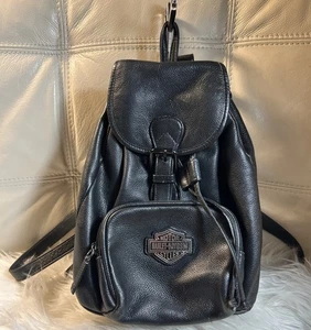 Vintage Harley Davidson BackPack Bag Womens Y2K Riding Lthr Black Metal Logo Med - Picture 1 of 19