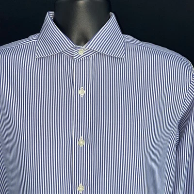 T.M. Lewin 2-Fold Cotton White Blue Stripe Lewin Slim Fit Dress Shirt 15.5 34.5 - Image 1 of 4