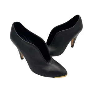 Loeffler Randall 7B Donna Black Leather Open V Vamp Gold Cap Cone Heel Booties - Picture 1 of 11