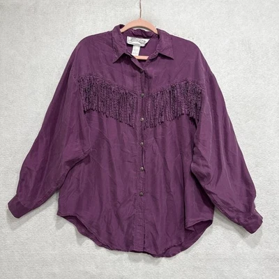 Nuggets Shirt Womens L Purple 100% Silk Western Fringe Button Down Boho Blouse - Image 1 of 4