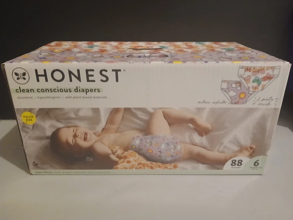 Honest Baby Conscious Diapers Size 6 88 CT Orange Butterfly Purple Sky 2 Prints - Image 1 of 1