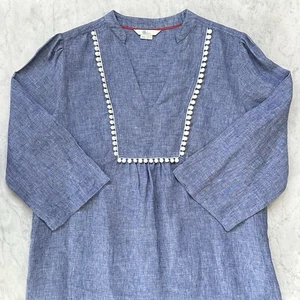 Boden Evangeline Chambray Blue Linen Tunic Dress US 12R V Neck w/ Pom Pull Over - Picture 1 of 12