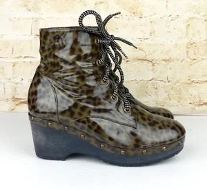 Opening Ceremony Boots 37 6 US Tan Cheetah Joelle Patent Leather Wood Clog - Picture 1 of 17