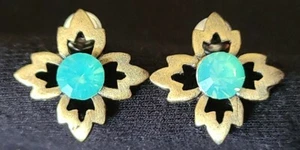 VINTAGE  Style Jewlery Women Bronze Turquoise Green Flower Gem Stud Earrings  - Picture 1 of 5