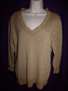 Women's American Living Gold Ruffled V-Neck Sweater Cotton Blend Size Medium - Picture 1 of 4