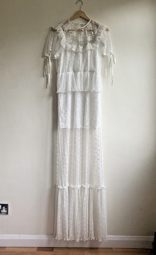 OFF WHITE Maxi abito Foxiedox ricamato in pizzo taglia S UK 8 10 fronzoli bianco trasparente festa