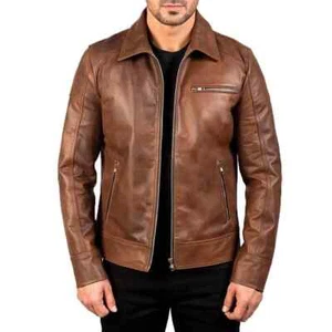 Cafe Racer Men's Leather Jacket Moto Brown Genuine Sheep skin Leather - Picture 1 of 8