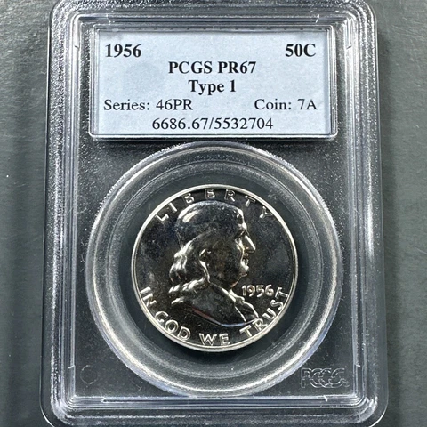 1956 50C Franklin Half Dollar, PCGS PR67, Type 1 (74724) Cover