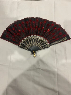 Folding Hand Fan Sequin Red w/Black Lace open size 16.5x9" - Image 1 of 2