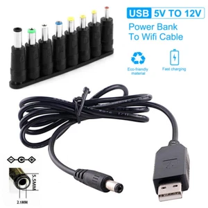 USB 5V to DC Jack 12V Charging Cable Power Cord 5.5*2.1mm with 8 Sizes Connector - Picture 1 of 14