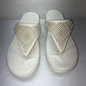 CROCS Dual Comfort Wedge Cream/White Bejeweled Flip Flops Women's Sz 10 - Picture 1 of 9