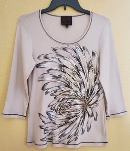 French Blue Women's 100% Cotton Crème Beige 3/4 Sleeve Shirt 'S' Feather Burst - Picture 1 of 11