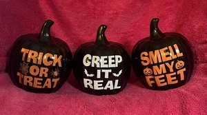 Halloween Ceramic Black 6” x 6.75” Pumpkins Set Of 3! NEW! - Picture 1 of 11