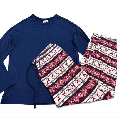 Conjunto de pijama Lanz talla L Fair Isle Holiday Reindeer 2 piezas camisa azul pantalones para dormir Foto 1 de 4