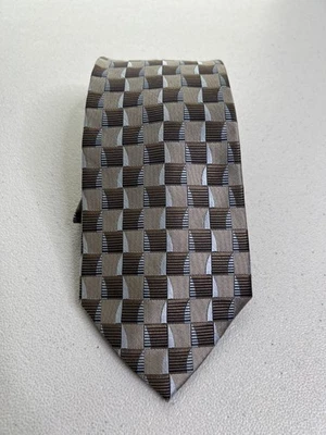 Corbata Geoffrey Beene marrón, azul patrón geométrico 100 % seda nueva sin etiquetas Foto 1 de 4