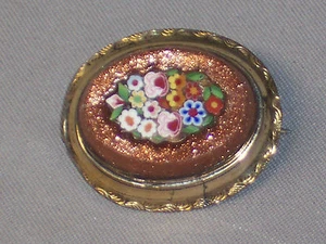 ANTIQUE MICRO MOSAIC FLOWERS IN GOLDSTONE PIN WITH C CLASP - Picture 1 of 5