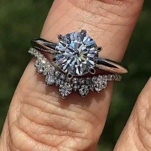 2.17Ctw Round Cut Moissanite Bridal Set Engagement Ring 14k White Gold Plated - Picture 1 of 12