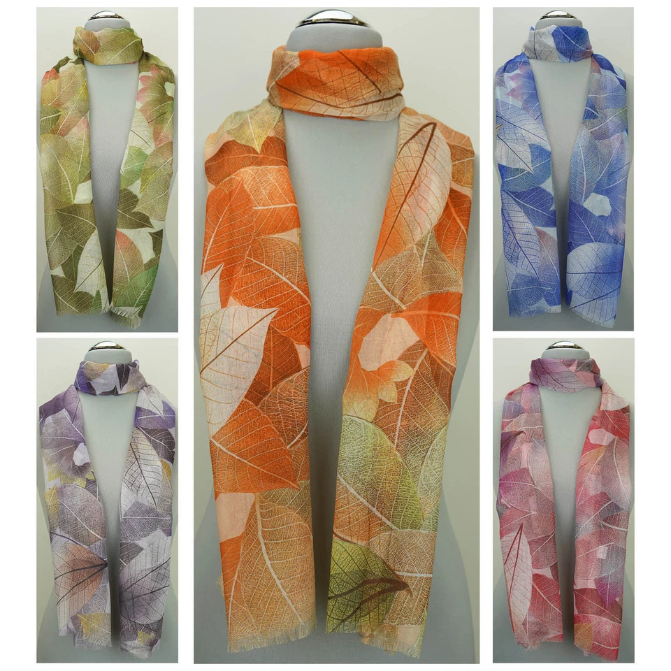 MARKENLOS Leichter Damen Schal 23 20% Seide Blätter Halstuch Kopftuch Stola Tuch bunt 2298